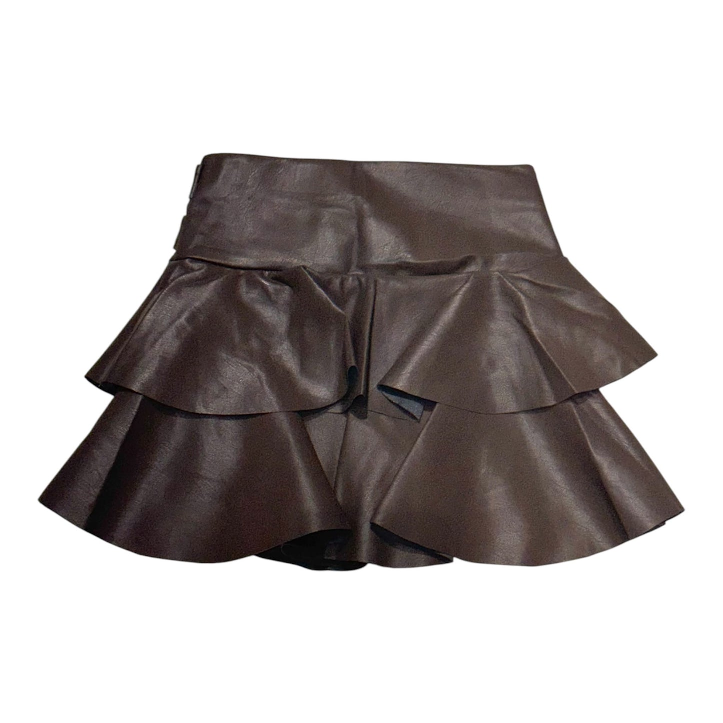 Gonna corta a balze marrone in finta pelle con cinture