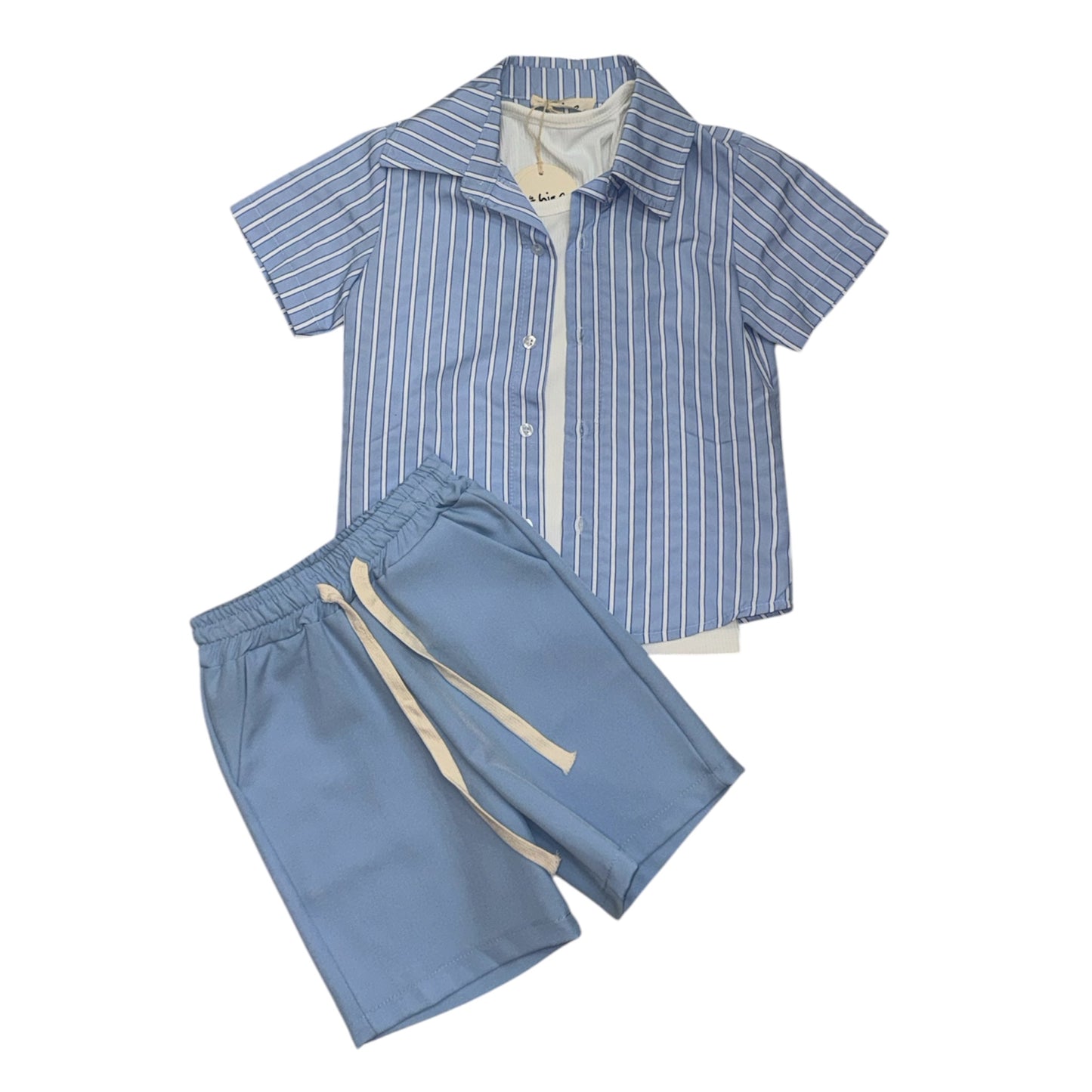 Completo bambino 3 pezzi camicia a righe, canotta e pantaloncini azzurri Da 4 a 14 anni