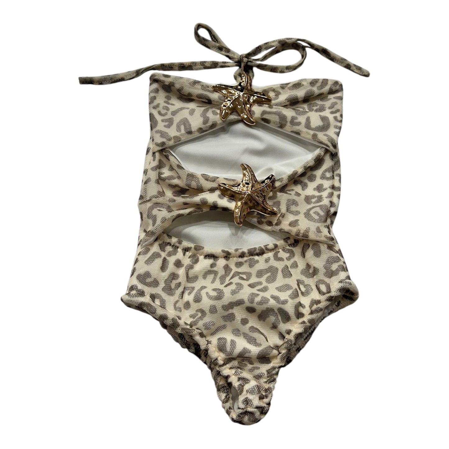 Costume intero leopardato con stelle marine dorate