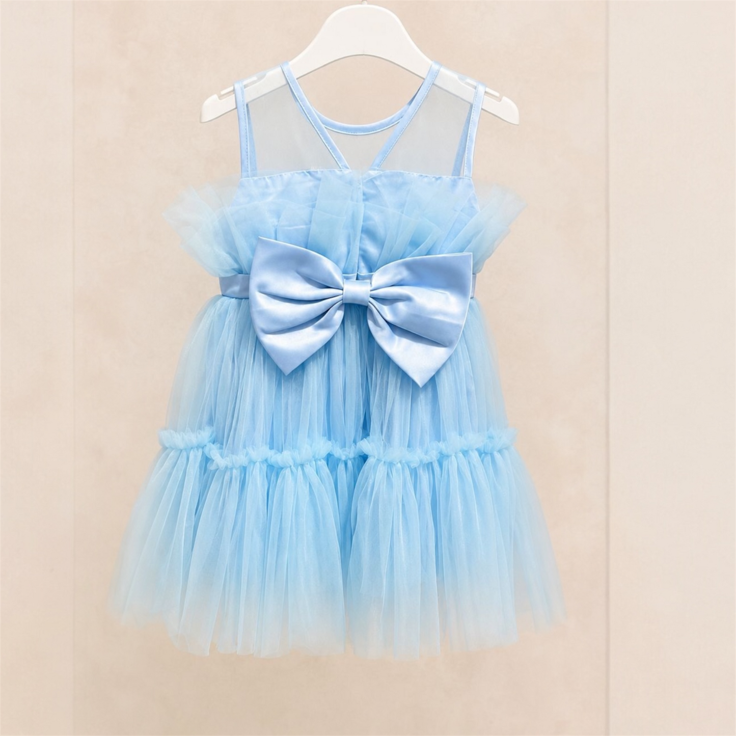 Vestito 4-14 Anni da Cerimonia in Tulle Celeste con Fiocco Oversize e Gonna a Balze