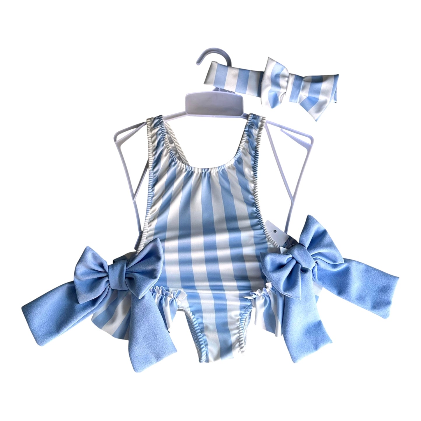 Costume intero neonata a righe con fiocchi e fascia