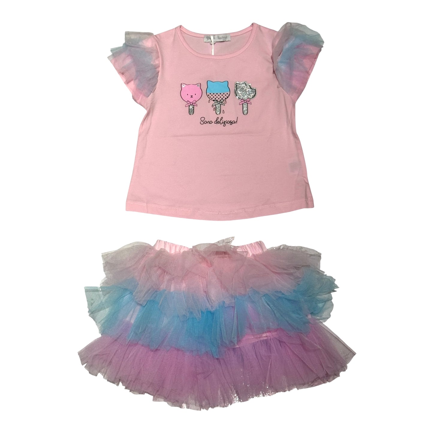 Completo bambina t-shirt rosa e gonna tutù in tulle multicolor da 12 a 36 mesi