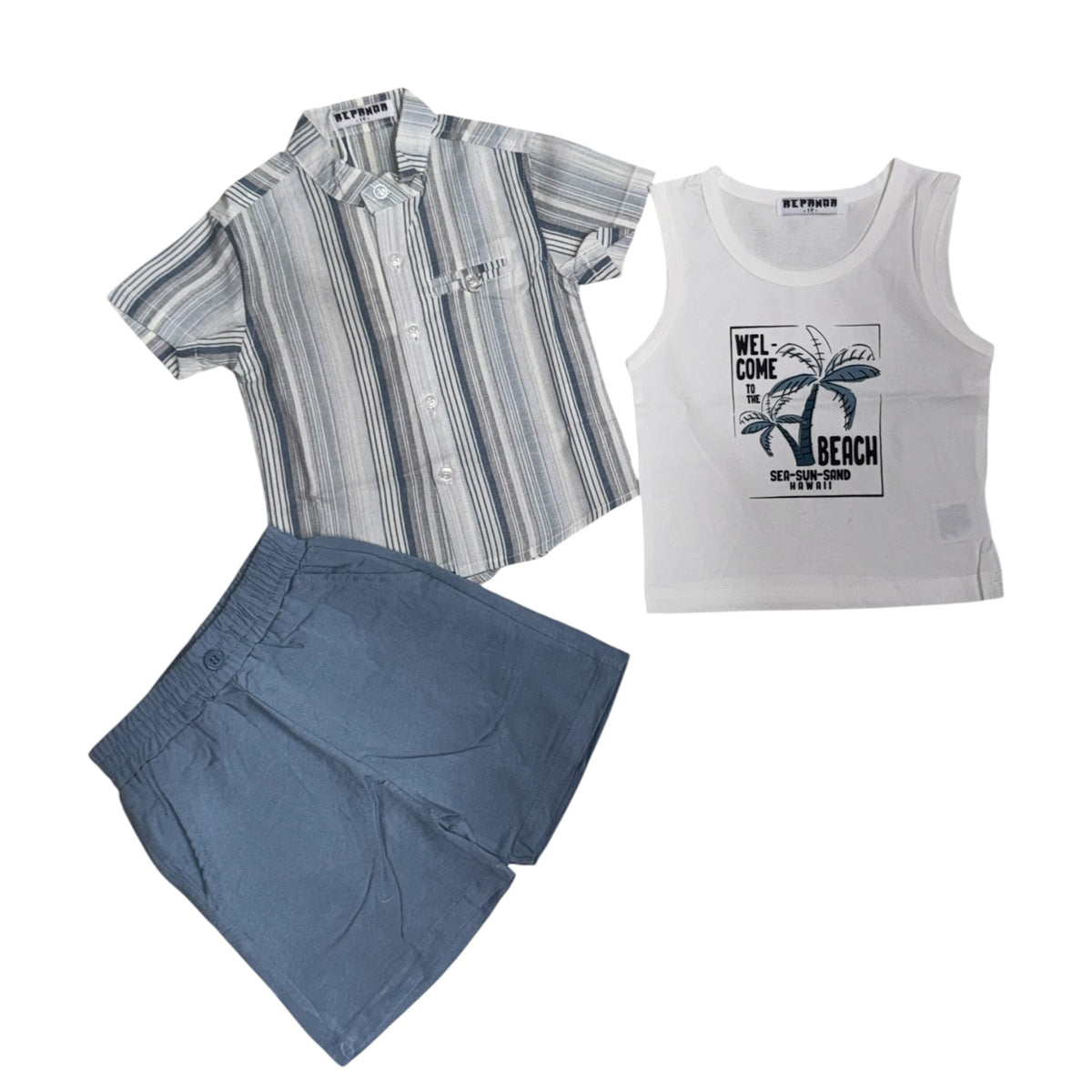 Completo 3 Pezzi Bambino Da 1 a 5 Anni con Camicia a Righe, Canotta e Bermuda