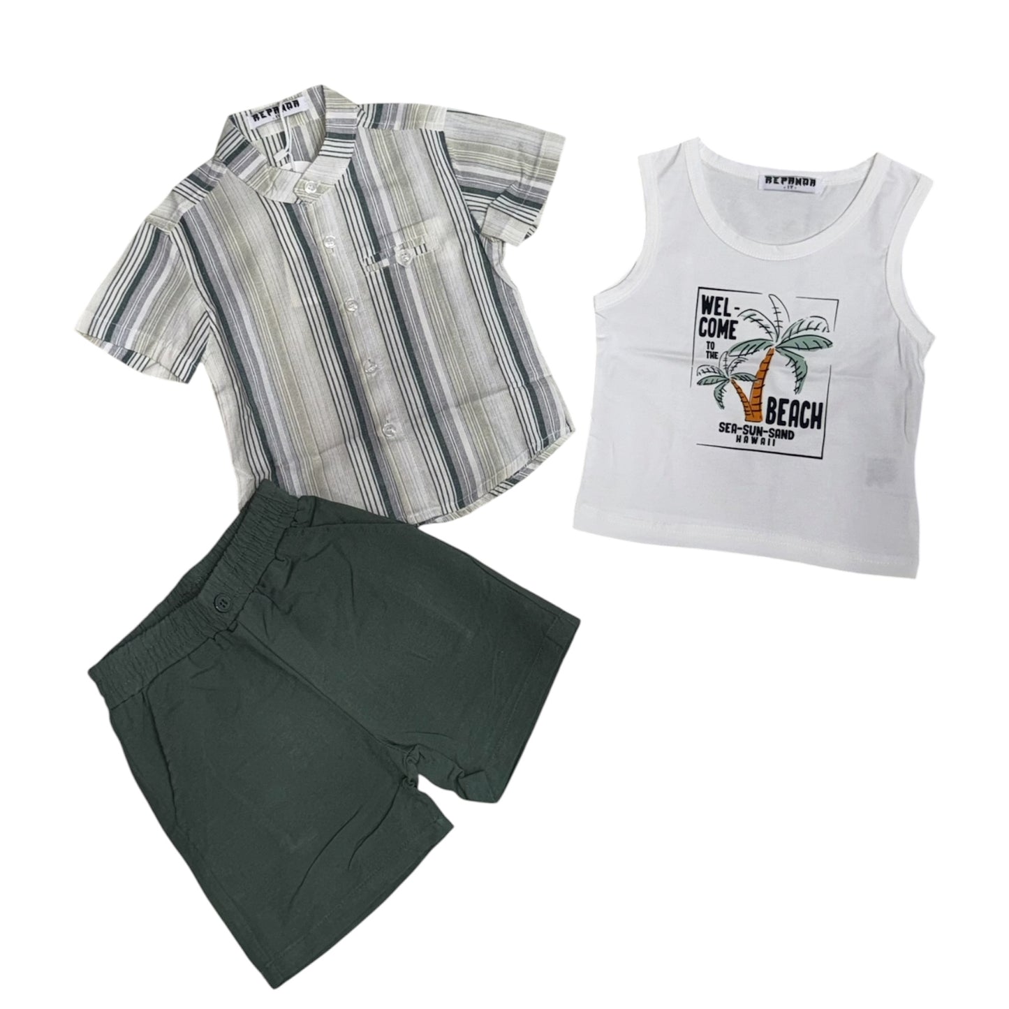 Completo 3 Pezzi Bambino 12-36 Mesi con Camicia a Righe, Canotta e Bermuda