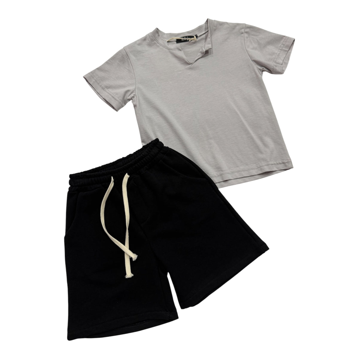Completo Coordinato Bambino 2 Pezzi - T-Shirt Grigio Chiaro e Bermuda Sportivi Neri
