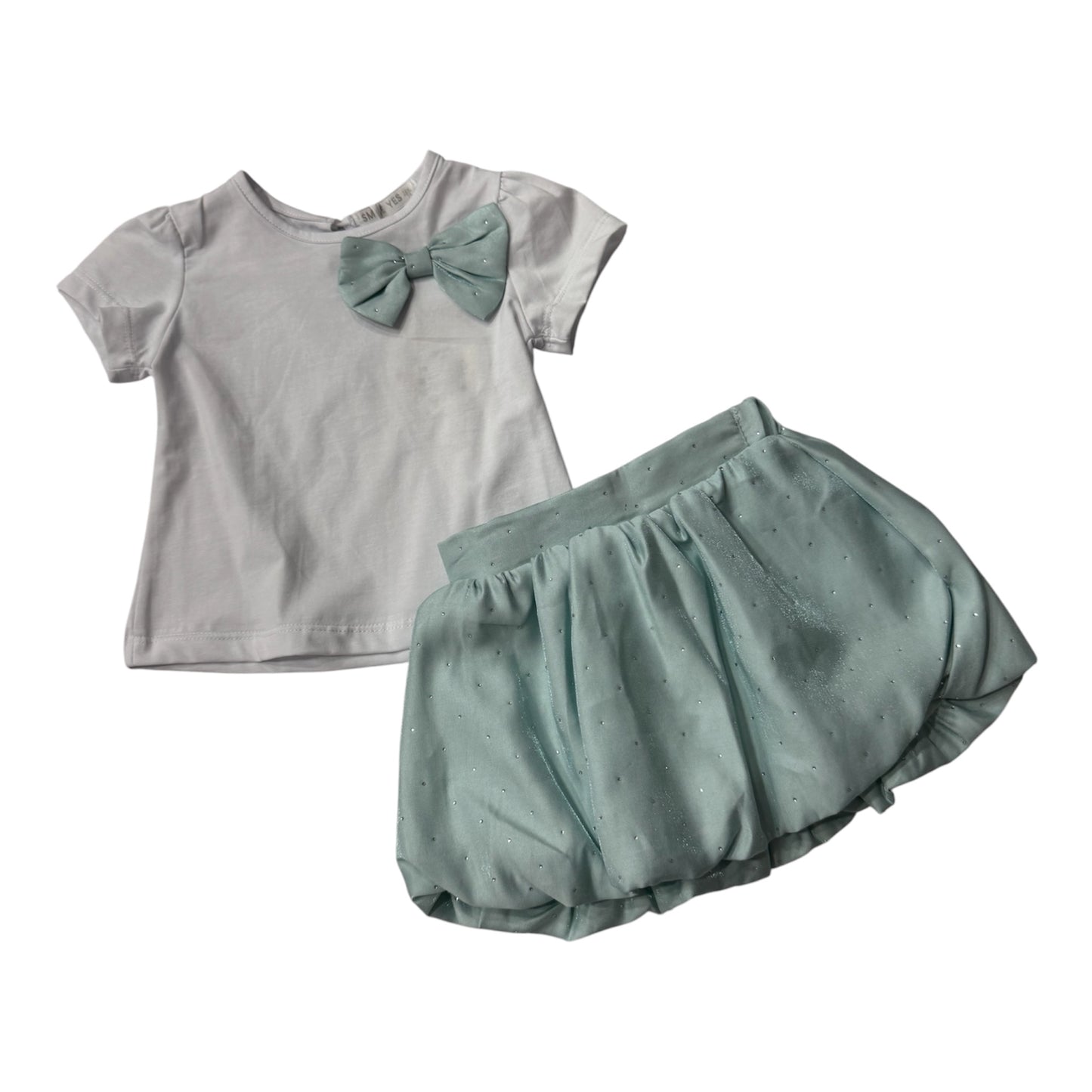 Completino due pezzi bimba maglietta con fiocco e gonna a palloncino