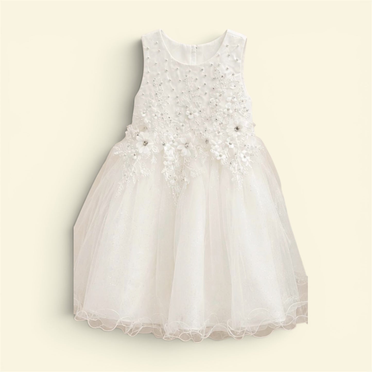 Abito Bianco da Cerimonia 4-14 Anni Bambina in Tulle con Ricami e Perle