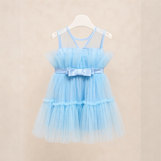 Vestito 4-14 Anni da Cerimonia in Tulle Celeste con Fiocco Oversize e Gonna a Balze