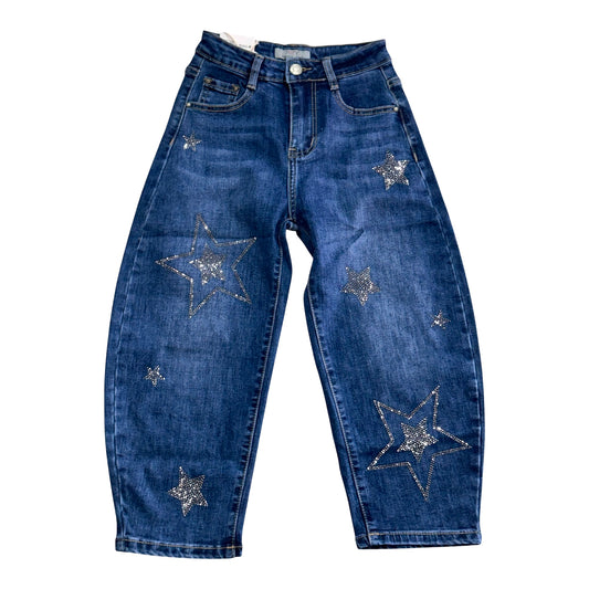 Jeans da Bambina Blu con Applicazioni a Stella in Strass