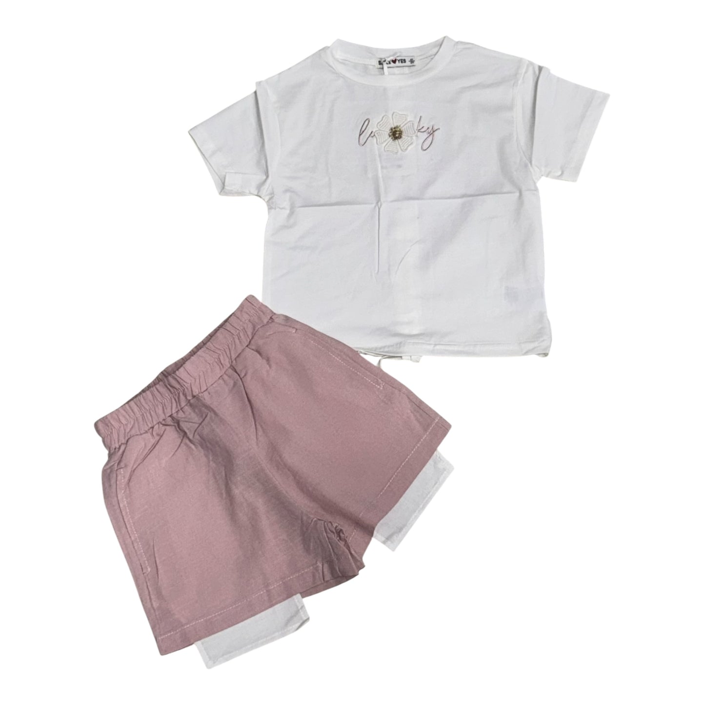 Completo Due Pezzi da Bambina con T-shirt Ricamata e Shorts Doppi
