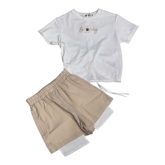 Completo Due Pezzi da Bambina con T-shirt Ricamata e Shorts Doppi