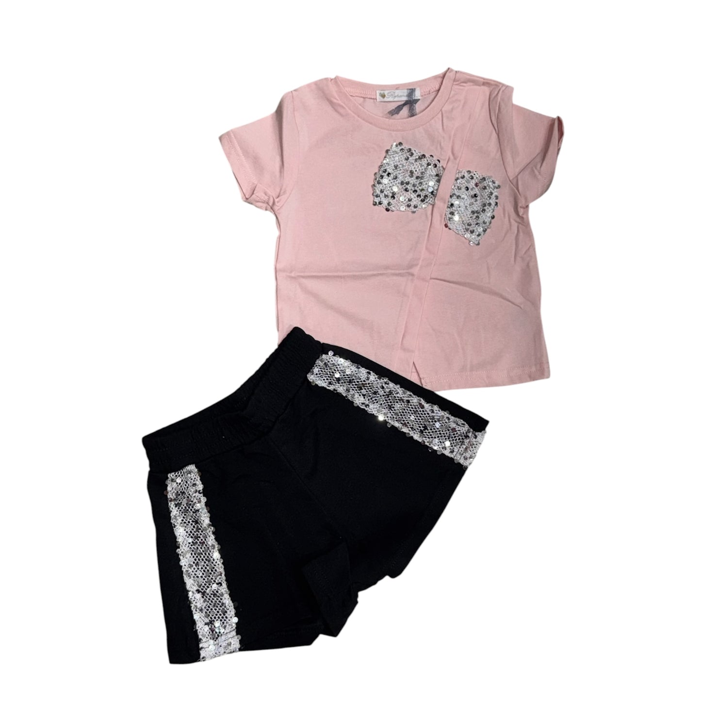 Completo Due Pezzi da Bambina con T-shirt con Fiocco e Shorts con Paillettes
