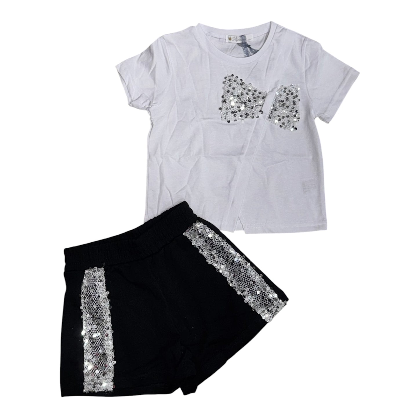 Completo Due Pezzi da Bambina con T-shirt con Fiocco e Shorts con Paillettes