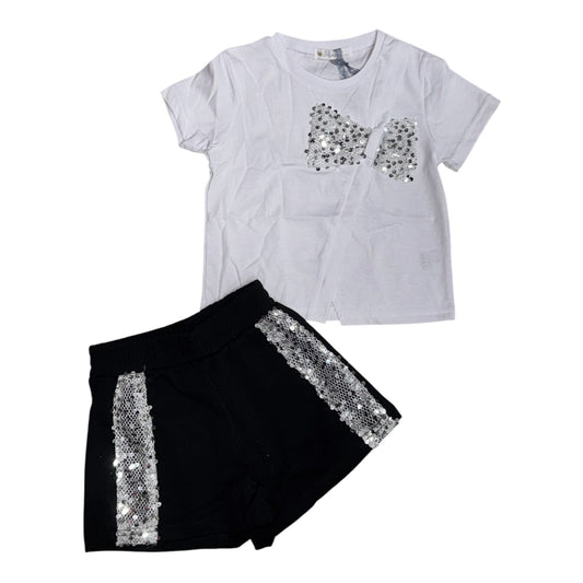 Completo Due Pezzi da Bambina con T-shirt con Fiocco e Shorts con Paillettes