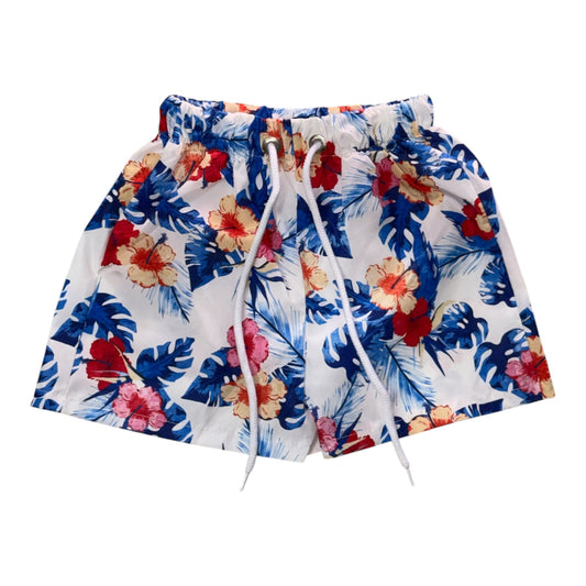 Costume da Bagno Boxer Bambino e Ragazzo Bianco con Stampa Foglie e Fiori Tropicali