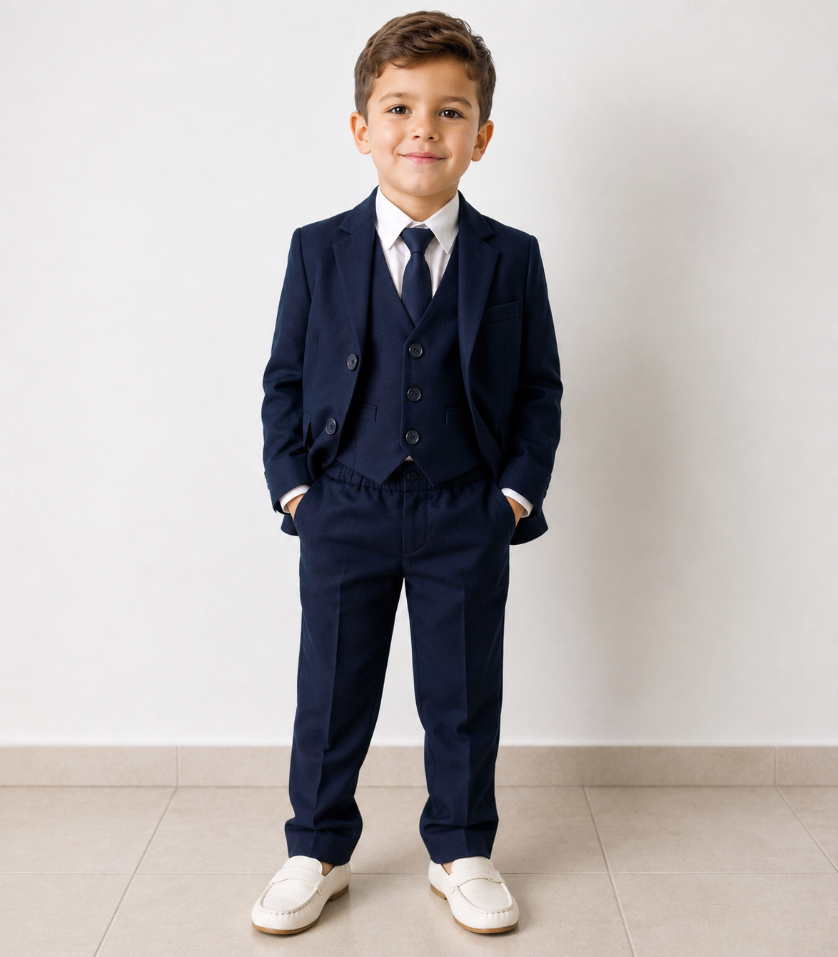 Completo Elegante da Bambino e Ragazzo 5
Pezzi con Giacca Gilet Pantaloni Camicia e
Cravatta Blu Navy