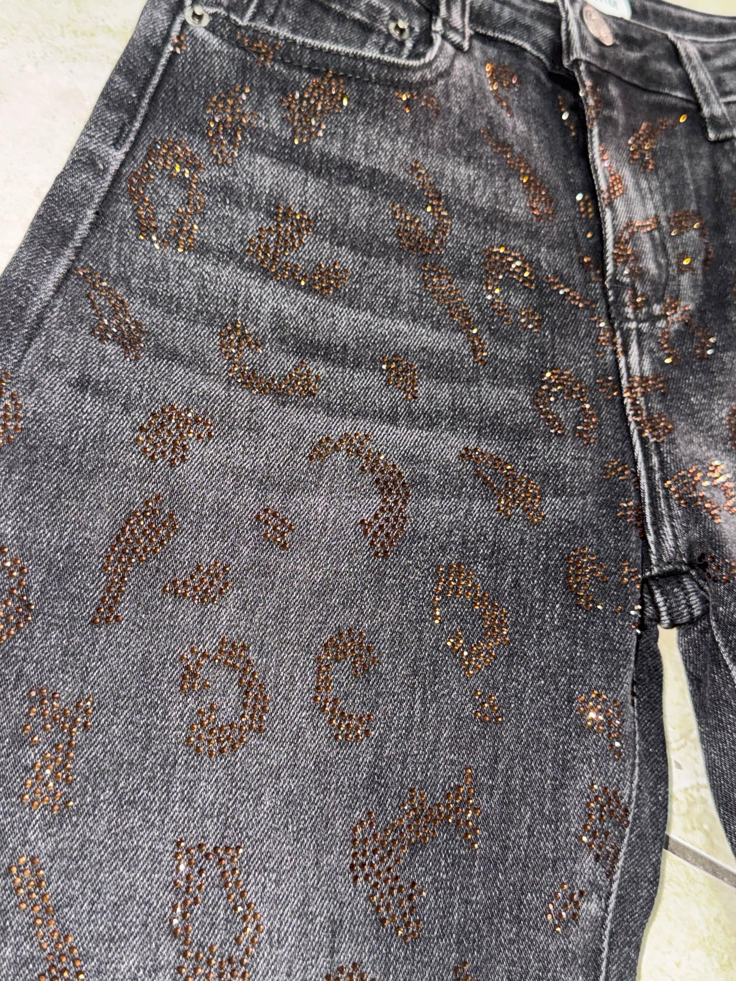 Jeans da Bambina Neri con Strass e Lavaggio Acid Wash da 4 a 14 anni