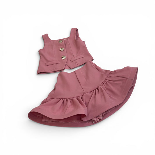 Completo Bambina 2-14 anni Rosa con Gilet Crop e Gonna Arricciata
