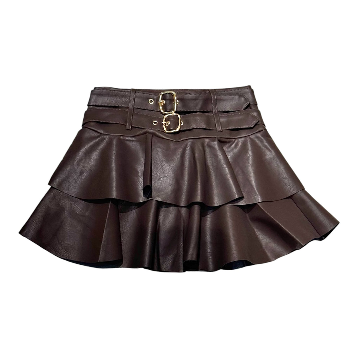 Gonna corta a balze marrone in finta pelle con cinture